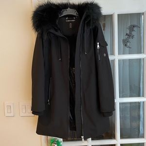 calvin klein szS black faux fur lined winter/rain coat